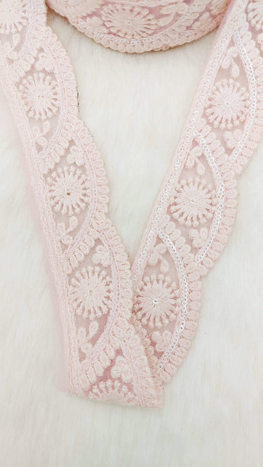 Scallop Net Fabric Lace Trim Floral Embroidery and White Sequins, Floral Sari Border, Decorative Trim